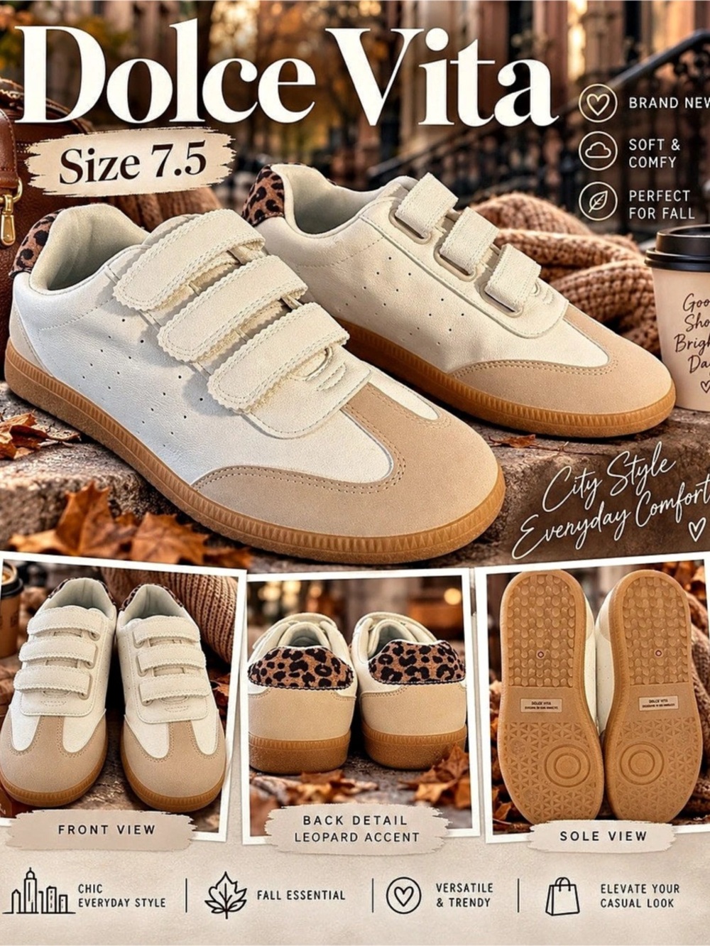 Dolce Vita Quick Sneaker Leopard Accent Velcro Sneakers Beige & White US 7.5 new